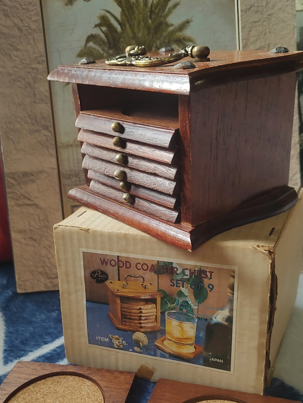 Wood Coaster Chest Set of 9 -vintahe Dark Brown Wooden Box - Picture 4 of 13